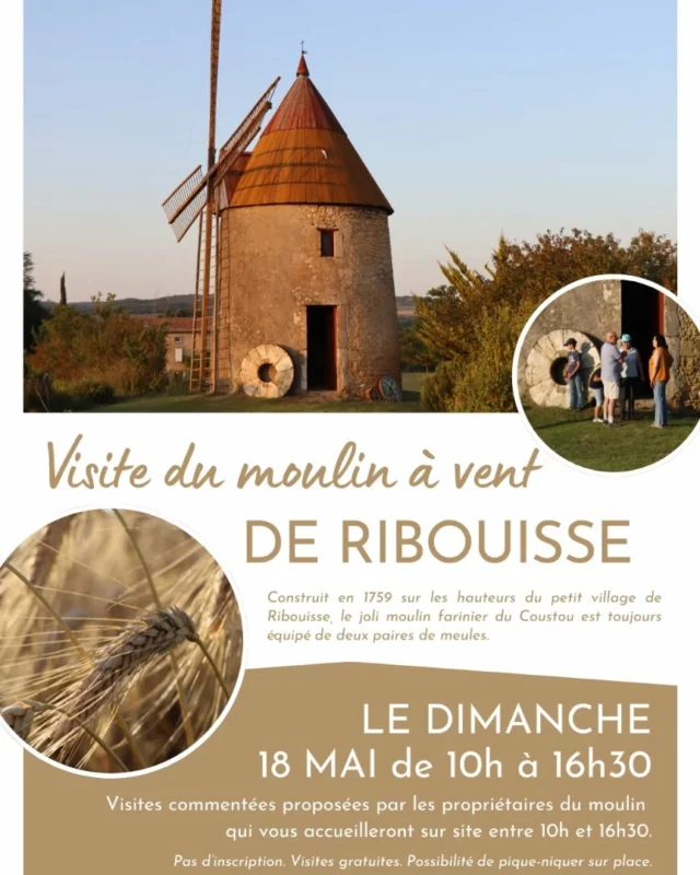 🌬🌾 Le moulin à vent de Ribouisse vous ouvre ses portes !

Le dimanche 18 mai, à l'occasion des "Journées Européennes des Moulins et du Patrimoine Meulier 2025", partez à la découverte du joli moulin farinier du Coustou (à Ribouisse).

➡️ Visites commentées proposées par les propriétaires du moulin qui vous accueilleront sur site entre 10h et 16h30.

➡️ Pas d'inscription. Visites gratuites. Possibilité de pique-niquer sur place (pique-nique tiré du sac). 
Plus d'informations auprès de l'Office de Tourisme Intercommunal ☎️ 04 68 24 75 45 | 📧 : tourisme@ccplm.fr

#visitecommentée #patrimoine #moulin #moulinavent #journéedesmoulins #Ribouisse #aude #audetourisme #jaimelaude #sortirdanslaude #occitanie #occitanietourisme #suddelafrance

Crédits photos : OTI Au Coeur des Collines Cathares