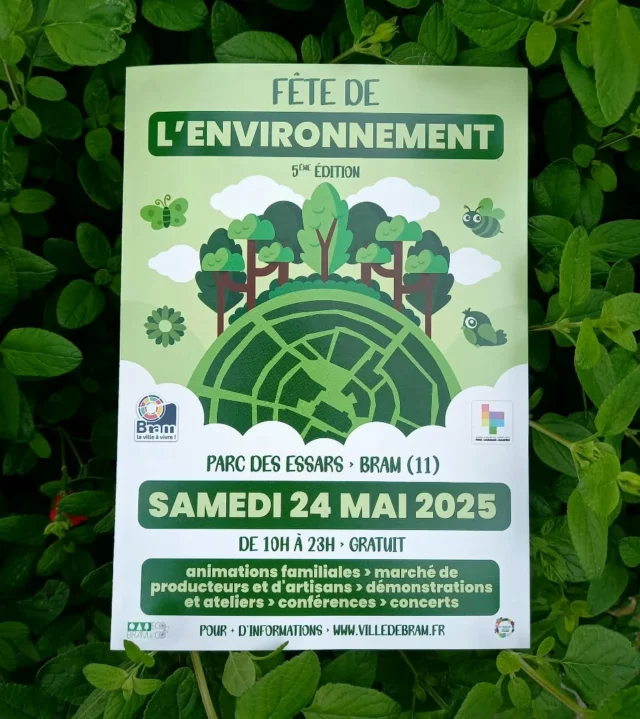 🌳🚲 L'Environnement en fête le 24 mai 🎉

La ville de Bram se prépare à vibrer au rythme de la 5ème "Fête de l'Environnement", le samedi 24 mai de 10h à 23h.
À cette occasion, le Parc des Essars accueillera plus de 70 exposants et intervenants pour une journée dédiée à l'écologie, au développement durable et à la richesse de notre nature et biodiversité.

Préparez-vous à découvrir des animations pour toute la famille, des conférences inspirantes, des ateliers pratiques et créatifs, des démonstrations étonnantes, un marché de saveurs et de savoir-faire locaux, et 4 concerts entraînants tout au long de cette belle journée. 😃

#Bram #environnement #fête #animations #aude #sortirdanslaude #sortirenfamille #audetourisme #jaimelaude #occitanie #occitanietourisme #suddelafrance