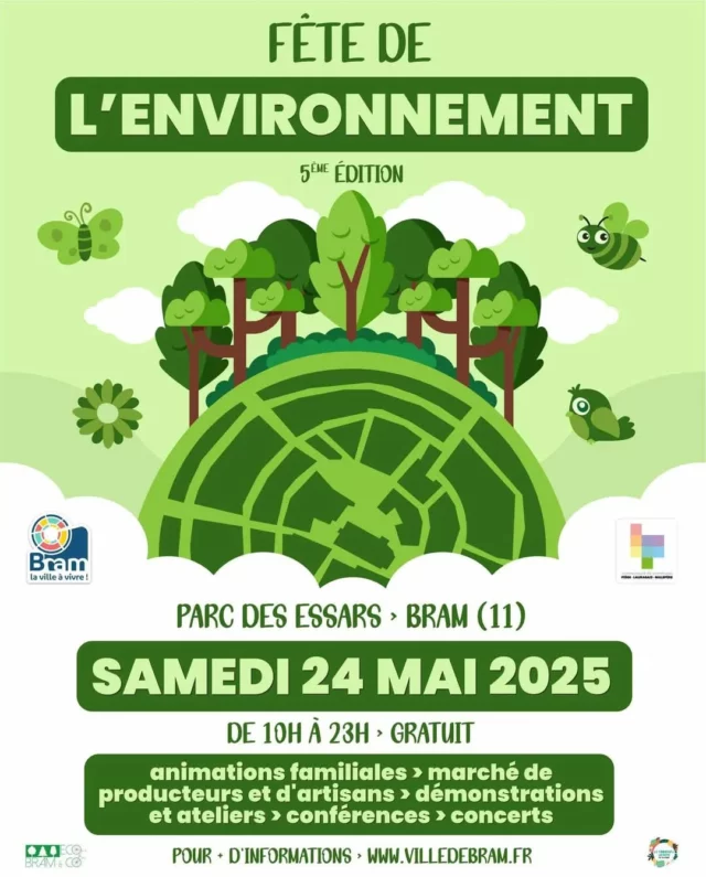 🌳🚲☀️ 𝐋'𝐄𝐧𝐯𝐢𝐫𝐨𝐧𝐧𝐞𝐦𝐞𝐧𝐭 𝐞𝐧 𝐟𝐞̂𝐭𝐞 𝐥𝐞 𝟐𝟒 𝐦𝐚𝐢 🎉

La ville de Bram se prépare à vibrer au rythme de la 5ème "Fête de l'Environnement", le samedi 24 mai de 10h à 23h.

À cette occasion, le Parc des Essars accueillera plus de 70 exposants et intervenants pour une journée dédiée à l'écologie, au développement durable et à la richesse de notre nature et biodiversité.

Préparez-vous à découvrir des animations pour toute la famille, des conférences inspirantes, des ateliers pratiques et créatifs, des démonstrations étonnantes, un marché de saveurs et de savoir-faire locaux, et 4 concerts entraînants tout au long de cette belle journée. 😃

📍 Parc des Essars (11150 Bram), le samedi 24 mai 2025 de 10h à 23h.
Entrée gratuite.

@villedebram #Bram #environnement #fête #animations #sortirdanslaude #sortirenfamille #aude #audetourisme #jaimelaude #collinescathares #occitanie #occitanietourisme