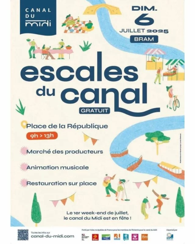🥳🚤 𝐋𝐞 𝐜𝐚𝐧𝐚𝐥 𝐝𝐮 𝐌𝐢𝐝𝐢 𝐞𝐧 𝐟𝐞̂𝐭𝐞 ! 

Le dimanche 06 juillet à Bram, entre amis ou en famille, laissez-vous emporter par les saveurs locales et les mélodies entraînantes autour d’un marché de producteurs. 🧺

Restauration sur place et animation musicale par le groupe « North Wind Blues ». 🎶

🗓️ le dimanche 06 juillet 2025
🕒 De 9h à 13h
📍 place de la République, à Bram 

Entrée gratuite.

#lesescalesducanaldumidi #canaldumidi  #canaldumiditourisme #aude #audetourisme #occitanietourisme #occitanie #sortirdanslaude #Bram