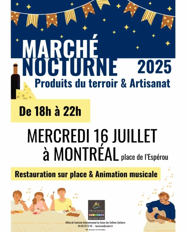 🎶🌙 Marché gourmand et artisanal à Montréal de l'Aude (11290) 🧺

Mercredi 16 juillet 2025, de 18h à 22h, une vingtaine de producteurs et créateurs des "collines cathares" seront présents à Montréal (place de l'Esperou, à côté de la collégiale) !

🔸️ Stands des artisans locaux 🧼📿
🔸 Assiettes gourmandes de produits du terroir à consommer sur place 🐑🥗
🔸️ Dégustations de bières et vins 🍻🍷
🔸 Animation musicale par "Jazz Floor Duo" 🎷🎶

Une soirée parfaite pour profiter de votre été... Venez nombreux 😀 !!

➡️ Plus d'informations auprès de l'Office de Tourisme Intercommunal (organisateur) : tourisme@ccplm.fr / 04 68 24 75 45

#Montrealdelaude #aude #sortirdanslaude #audetourisme #occitanie #occitanietourisme #marchénocturne #marchédeproducteurs #artisanatlocal #artisanat #collinescathares #Piège #Lauragais #malepère