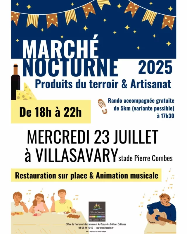 🎶🌙 Marché gourmand et artisanal à Villasavary (11150) 🧺

Mercredi 23 juillet 2025, de 18h à 22h, une vingtaine de producteurs et créateurs des "collines cathares" seront présents à Villasavary (à côté du stade Pierre Combes) !

🔸️ Stands des artisans locaux 🧼📿
🔸 Assiettes gourmandes de produits du terroir à consommer sur place 🐑🥗
🔸️ Dégustations de bières et vins 🍻🍷
🔸 Animation musicale par "Cats & Wine" 🎶
🔸 Randonnée accompagnée (gratuite) à 17h30 : découverte du Bois des Canonges en compagnie du club villasavarien des Passejaïres. 🥾 Sur inscription auprès de l’Office de Tourisme Intercommunal : tourisme@ccplm.fr / 04 68 24 75 45

Une soirée parfaite pour profiter de votre été... Venez nombreux 😀 !!

#Villasavary #aude #sortirdanslaude #audetourisme #occitanie #occitanietourisme #marchénocturne #marchédeproducteurs #artisanatlocal #artisanat #collinescathares #Piège #Lauragais #malepère