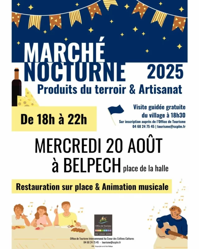 🎶🌙 𝐌𝐚𝐫𝐜𝐡𝐞́ 𝐠𝐨𝐮𝐫𝐦𝐚𝐧𝐝 𝐞𝐭 𝐚𝐫𝐭𝐢𝐬𝐚𝐧𝐚𝐥 𝐚̀ 𝐁𝐞𝐥𝐩𝐞𝐜𝐡 🧺

Mercredi 20 août 2025, de 18h à 22h, une quinzaine de producteurs et créateurs des "collines cathares" seront présents à Belpech (sur la place de la halle) !

🔸️ Stands des artisans locaux 🧼📿
🔸 Assiettes gourmandes de produits du terroir à consommer sur place 🦆🥗
🔸️ Dégustations de bières et vins 🍻🍷
🔸 Bal Trad animé par le groupe "Castanha é Vinovèl" 🎶💃
🔸 À 18h30 : Visite guidée du village (sur inscription auprès de l’Office de Tourisme Intercommunal : tourisme@ccplm.fr / 04 68 24 75 45)

Une soirée parfaite pour profiter de votre été... Venez nombreux 😀 !!

#Belpech #aude #sortirdanslaude #audetourisme #occitanie #occitanietourisme #marchénocturne #marchédeproducteurs #artisanatlocal #artisanat #collinescathares #Piège #Lauragais #malepère