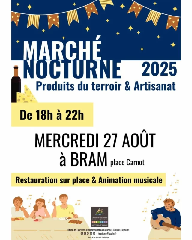 🎶🌙 𝐌𝐚𝐫𝐜𝐡𝐞́ 𝐠𝐨𝐮𝐫𝐦𝐚𝐧𝐝 𝐞𝐭 𝐚𝐫𝐭𝐢𝐬𝐚𝐧𝐚𝐥 𝐚̀ 𝐁𝐫𝐚𝐦 🧺

Mercredi 27 août 2025, de 18h à 22h, une quinzaine de producteurs et créateurs des "collines cathares" seront présents à Bram (sur la place Carnot) !

Au programme :
🔸️ Stands des artisans locaux 🕯📿
🔸 Assiettes gourmandes de produits du terroir à consommer sur place 😋🍴
🔸️ Dégustations de bières et vins 🍻🍷
🔸 Concert du guitariste Pete Mc Grane 🎶🎸

Une soirée parfaite pour profiter de cette fin d'été... Venez nombreux 😀☀️ !!

➡️ Plus d'informations auprès de l'Office de Tourisme Intercommunal (organisateur) : tourisme@ccplm.fr / 04 68 24 75 45

@villedebram #Bram #aude #sortirdanslaude #audetourisme #occitanie #occitanietourisme #marchénocturne #marchédeproducteurs #artisanatlocal #artisanat #collinescathares #Piège #Lauragais #malepère