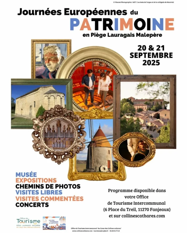 🎷🖼🏛 𝐉𝐨𝐮𝐫𝐧𝐞́𝐞𝐬 𝐄𝐮𝐫𝐨𝐩𝐞́𝐞𝐧𝐧𝐞𝐬 𝐝𝐮 𝐏𝐚𝐭𝐫𝐢𝐦𝐨𝐢𝐧𝐞 𝟐𝟎𝟐𝟓 

La 42e édition des Journées européennes du patrimoine, c’est LE rendez-vous incontournable de la rentrée !

Visites d’édifices mystérieux, expositions diverses, animations familiales, concerts… Les 20 & 21 septembre 2025, partez à la découverte des richesses patrimoniales des collines cathares ! ⛪️ 🎶

Avant votre venue en Piège – Lauragais – Malepère, pensez à vous munir du programme de l’événement : disponible en format papier dans votre Office de Tourisme Intercommunal (6 place du Treil à Fanjeaux) ou en téléchargement sur notre site internet (lien en bio), dans nos "actualités".

#JEP2025 #journéeseuropéennesdupatrimoine #patrimoine #Piège #Lauragais #Malepère #aude #collinescathares #jaimelaude #audetourisme #occitanie #occitanietourisme #concert #musée #visiteguidée