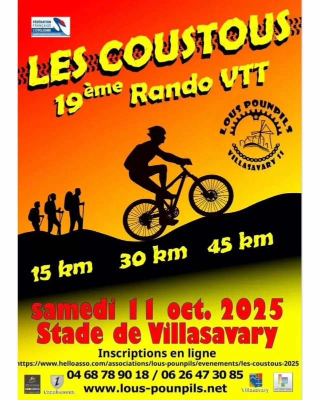 📣 Avis à tous les amateurs de VTT et de nature !

Le club des @pounpils vous donne rendez-vous le samedi 11 octobre pour une journée 100% fun et sportive !

Au programme :
⛰ 3 parcours VTT adaptés à tous les niveaux
🥾 Une rando pédestre pour celles et ceux qui préfèrent marcher
🍟 Restauration sur place pour reprendre des forces après l'effort !

Inscription en ligne ou sur place. 😉 Rendez-vous au stade de Villasavary (11150). On vous attend nombreuses et nombreux 🚵‍♀️🚵

#VTT #LesCoustous #Villasavary #collinescathares #audetourisme #Aude #jaimelaude @audetourisme #SportNature #Rando #sortirdanslaude #occitanie #occitanietourisme @voyageoccitanie