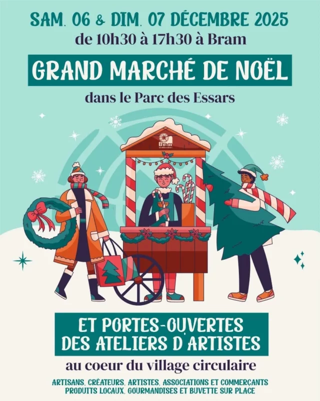 🎄🎅 𝐌𝐚𝐫𝐜𝐡𝐞́ 𝐝𝐞 𝐍𝐨𝐞̈𝐥 𝐞𝐭 𝐩𝐨𝐫𝐭𝐞𝐬-𝐨𝐮𝐯𝐞𝐫𝐭𝐞𝐬 𝐝𝐞𝐬 𝐚𝐭𝐞𝐥𝐢𝐞𝐫𝐬 𝐝’𝐚𝐫𝐭𝐢𝐬𝐭𝐞𝐬 𝐚̀ 𝐁𝐫𝐚𝐦 ! ✨ 

Associations, créateurs, artisans, producteurs et commerçants locaux vous donnent rendez-vous ce weekend dans le parc des Essars pour deux journées pleines de fête, de convivialité, de gourmandise et d’idées cadeaux.

🎨 Grande nouveauté cette année !
6 artistes bramais vous ouvriront exceptionnellement les portes de leurs ateliers, remises et garages au cœur du village circulaire pour vous faire découvrir leur univers et leur talent. Une balade artistique unique à ne pas manquer !

Venez flâner, rencontrer, déguster, admirer… et repartir les bras chargés de belles trouvailles ! 🎁✨

#marchédenoël #noël #artistes #portesouvertes #art #Bram #sortirdanslaude #Aude #jaimelaude #audetourisme #occitanie #occitanietourisme