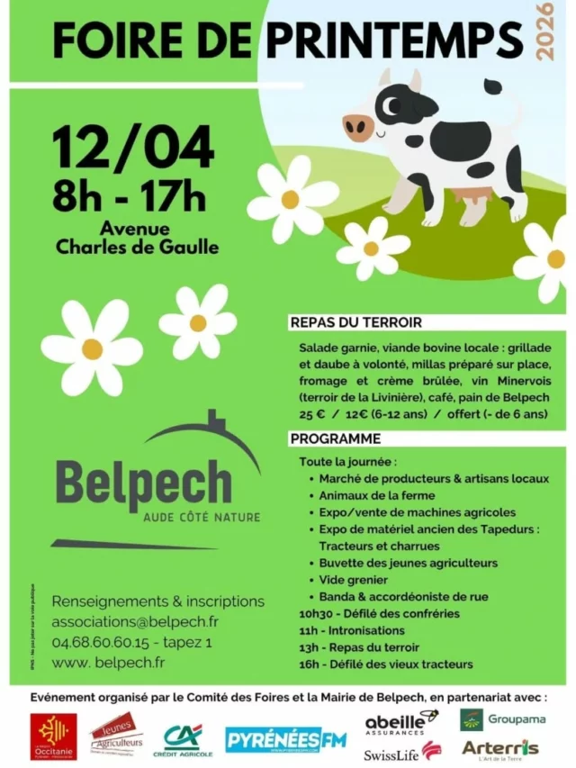 🐔👨‍🌾🌸 𝗟𝗲 𝗱𝗶𝗺𝗮𝗻𝗰𝗵𝗲 𝟭𝟮 𝗮𝘃𝗿𝗶𝗹 𝟮𝟬𝟮𝟲, 𝗿𝗲𝗻𝗱𝗲𝘇-𝘃𝗼𝘂𝘀 𝗮̀ 𝗹𝗮 𝗙𝗼𝗶𝗿𝗲 𝗱𝗲 𝗣𝗿𝗶𝗻𝘁𝗲𝗺𝗽𝘀 𝗱𝗲 𝗕𝗲𝗹𝗽𝗲𝗰𝗵 !

Toute la journée :
 🧺 Marché de produits du terroir et artisans 
 🐷 Rencontre avec les animaux de la ferme
 🚜 Exposition/vente de machines agricoles
 🍻 Buvette des jeunes agriculteurs
 🎶 Banda et accordéoniste de rue
 🪑 Vide-greniers

Les rendez-vous :
 🎉 à 10h30 : défilé des confréries, suivi des intronisations
 😋 à 13h : repas du terroir (sur inscription)
 🚜 à 16h : défilé des vieux tracteurs.

Entrée libre. Venez nombreux ! 😀

➡️ Renseignements et inscriptions au repas : associations@belpech.fr | 04 68 60 60 15 (tapez 1).

#foiredeprintemps #sortirdanslaude #Belpech #Aude #Occitanie @audetourisme @voyageoccitanie