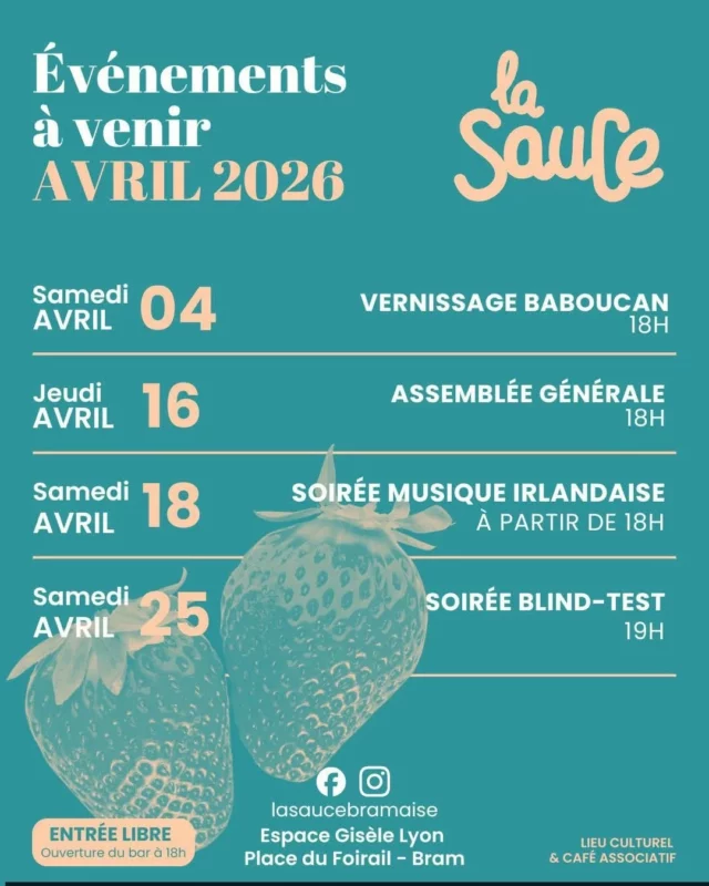 🎤🎉⚽ 𝗨𝗻 𝗽𝗿𝗶𝗻𝘁𝗲𝗺𝗽𝘀 𝗳𝗲𝘀𝘁𝗶𝗳 𝗮̀ 𝗟𝗮 𝗦𝗮𝘂𝗰𝗲 𝗕𝗿𝗮𝗺𝗮𝗶𝘀𝗲 !

L'équipe de @lasaucebramaise vous a concocté un programme aux petits oignons pour les mois d'avril, mai et juin 2026 ! 

Karaoké, 🎶 Concerts live, Soirées Coupe du Monde de Foot, 💬 Soirées Débats, Blind Test, 🎨 Exposition...

Rendez-vous à Bram pour vivre ces moments conviviaux, festifs et culturels. Parce qu'ici, on aime partager, échanger et s'amuser ensemble ! 😄

#LaSauceBramaise #Printemps2026 #Bram #collinescathares #Aude @audetourisme