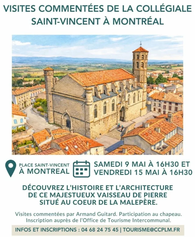 😍⛪️ 𝗟𝗲𝘀 𝘃𝗶𝘀𝗶𝘁𝗲𝘀 𝗰𝗼𝗺𝗺𝗲𝗻𝘁𝗲́𝗲𝘀 𝗱𝗲 𝗹𝗮 𝗰𝗼𝗹𝗹𝗲́𝗴𝗶𝗮𝗹𝗲 𝗦𝗮𝗶𝗻𝘁-𝗩𝗶𝗻𝗰𝗲𝗻𝘁 𝗮̀ 𝗠𝗼𝗻𝘁𝗿𝗲́𝗮𝗹 (𝟭𝟭𝟮𝟵𝟬) 𝗳𝗼𝗻𝘁 𝗹𝗲𝘂𝗿 𝗴𝗿𝗮𝗻𝗱 𝗿𝗲𝘁𝗼𝘂𝗿 !

Le samedi 9 mai et le vendredi 15 mai 2026, des visites commentées de ce bel édifice sont proposées par Armand Guitard de l’association des « Amis de l’orgue et de la collégiale ».

➡️ Début de la visite à 16h30 sur le parvis de la collégiale (place Saint-Vincent, 11290 Montréal). Visites au chapeau.

➡️ Sur inscription :📱 04 68 24 75 45 | 📧 : tourisme@ccplm.fr
Attention, le nombre de places est limité.

#visitecommentée #patrimoine #collégiale #montréaldelaude #jaimelaude @audetourisme @voyageoccitanie
