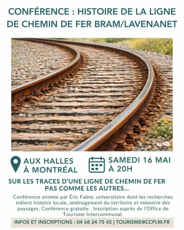 🛤️🚂 𝗟𝗲𝘀 𝗮𝗻𝗶𝗺𝗮𝘁𝗶𝗼𝗻𝘀 𝗱𝗲 𝗹'𝗢𝗳𝗳𝗶𝗰𝗲 : 𝗖𝗼𝗻𝗳𝗲́𝗿𝗲𝗻𝗰𝗲 𝘀𝘂𝗿 𝗹'𝗵𝗶𝘀𝘁𝗼𝗶𝗿𝗲 𝗱𝗲 𝗹𝗮 𝗹𝗶𝗴𝗻𝗲 𝗱𝗲 𝗰𝗵𝗲𝗺𝗶𝗻 𝗱𝗲 𝗳𝗲𝗿 𝗱𝗲 𝗕𝗿𝗮𝗺 𝗮̀ 𝗟𝗮𝘃𝗲𝗹𝗮𝗻𝗲𝘁

À la fin du XIXᵉ siècle, une ligne ferroviaire entre Bram et Lavelanet est construite pour désenclaver la région, mais son tracé résulte de nombreuses négociations et de contraintes géographiques.
Intégrée à un réseau économique plus large, elle jouait un rôle industriel important. Aujourd’hui, elle renaît sous forme de voie verte, valorisant patrimoine et paysages.

🗓️ Le samedi 16 mai 2026, à 20h
📍 aux Halles, rue de la mairie, à Montréal de l'Aude (11290)

Conférence gratuite, animée par l'universitaire Eric Fabre.

Informations et inscription (obligatoire) auprès de notre équipe : 04 68 24 75 45 | tourisme@ccplm.fr 📣 Places limitées !

#Conférence #histoire #chemindefer #collinescathares #lesanimationsdeloffice @audetourisme @voyageoccitanie