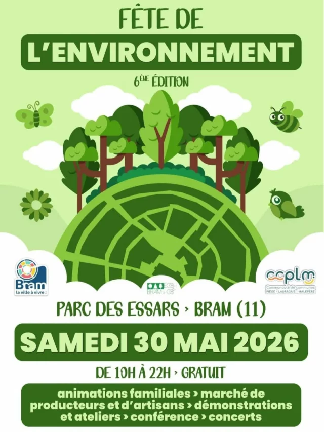 🌿🚴‍♀️ 𝗕𝗿𝗮𝗺 𝘀’𝗮𝗽𝗽𝗿𝗲̂𝘁𝗲 𝗮̀ 𝗰𝗲́𝗹𝗲́𝗯𝗿𝗲𝗿 𝗹𝗮 𝟲𝗲̀𝗺𝗲 𝗲́𝗱𝗶𝘁𝗶𝗼𝗻 𝗱𝗲 𝗹𝗮 𝗙𝗲̂𝘁𝗲 𝗱𝗲 𝗹’𝗘𝗻𝘃𝗶𝗿𝗼𝗻𝗻𝗲𝗺𝗲𝗻𝘁 

Le samedi 30 mai 2026, de 10h à 22h., le Parc des Essars à Bram (11150) accueillera près de 80 exposants, réunis pour une journée dédiée à l’écologie, au développement durable et à la mise en valeur de notre environnement et de sa biodiversité.

Tout au long de la journée, petits et grands pourront profiter d’animations variées, de conférences enrichissantes, d’ateliers ludiques et créatifs, de démonstrations, d’un marché de produits locaux, ainsi que de plusieurs spectacles et concerts pour partager un moment convivial et festif.

Sans oublier « la grande course de draisienne », qui fait son retour pour une deuxième édition.

ℹ Rendez-vous sur le site de la ville de Bram pour retrouver le programme détaillé : www.villedebram.fr

#Environnement #animations #Nature #Vélo #sortirdanslaude @audetourisme @voyageoccitanie