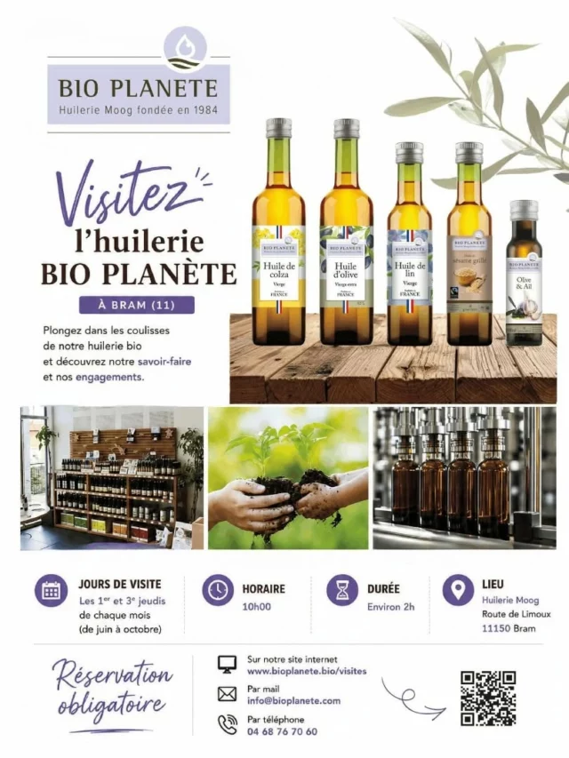 🫒🌻 𝗩𝗶𝘀𝗶𝘁𝗲𝘇 𝗹'𝗵𝘂𝗶𝗹𝗲𝗿𝗶𝗲 𝗠𝗼𝗼𝗴 𝗮̀ 𝗕𝗿𝗮𝗺 ! 

Tous les 1ers et 3èmes jeudis du mois, de juin à octobre, l'huilerie Moog, qui fabrique depuis 1984 des huiles sous la marque Bio Planète, vous invite à découvrir son savoir-faire d'artisan huilier lors de visites gratuites organisées sur le site de production situé à Bram.

Ces matinées "portes ouvertes" sont l'occasion de visiter les ateliers de production, de comprendre les différentes étapes de fabrication des huiles alimentaires de la marque, de découvrir les moyens mis en œuvre pour garantir la qualité des produits et de partager les engagements de l'entreprise pour une production alimentaire à la fois éthique et durable.

Inscription obligatoire sur 👉 https://www.bioplanete.bio/visites 

#Bram #aude #occitanie #visiteentreprise #huilesvegetales @audetourisme @voyageoccitanie @villedebram
