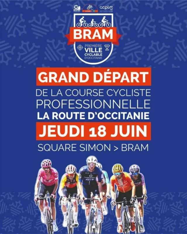 🚴🚴‍♂️ 𝗕𝗿𝗮𝗺 : 𝘃𝗶𝗹𝗹𝗲 𝗱𝗲́𝗽𝗮𝗿𝘁 𝗱𝗲 𝗹𝗮 𝟭𝗲̀𝗿𝗲 𝗲́𝘁𝗮𝗽𝗲 𝗱𝗲 𝗹𝗮 𝗟𝗮 𝗥𝗼𝘂𝘁𝗲 𝗱'𝗢𝗰𝗰𝗶𝘁𝗮𝗻𝗶𝗲 𝟮𝟬𝟮𝟲

Dans 10 jours, la 49ème course cycliste professionnelle "La Route d'Occitanie - CIC" s’élancera depuis le Square Simon à Bram (11150), pour 3 journées de compétition sur les routes de notre belle région ! 

Venez vivre l’expérience de ce « Grand Départ » au plus près des coureurs et de leurs équipes les 17 et 18 juin avec, au programme :

🗓️ LE MERCREDI 17 JUIN :
▶️ de 14h à 17h > animations au sein du Village Départ (dans le parc des Essars)

🗓️ LE JEUDI 18 JUIN : 
▶️ de 8h à 12h > animations au sein du Village Départ (dans le parc des Essars)
▶️ à partir de 09h45 > départ de la "Caravane publicitaire"(au Square Simon)
▶️ à partir de 10h > accès possible aux abords des bus des équipes et rencontre avec les coureurs (sur l’avenue du Général de Gaulle)
▶️ de 10h05 à 11h05 > présentation des équipes et des cyclistes sur le car-podium (au Square Simon)
▶️ à 11h10 > appel des coureurs (au Square Simon)
▶️ à 11h15 > départ fictif de l’épreuve (au Square Simon)

On vous attend nombreux ! 😀

#laroutedoccitanie #cyclisme #coursecycliste #Bram @villedebram #occitanie @voyageoccitanie @audetourisme @audetourisme