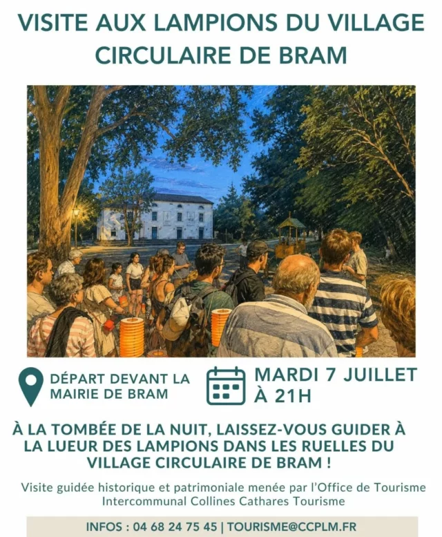 ⛪️ 𝗣𝗮𝗿𝘁𝗲𝘇 𝗮̀ 𝗹𝗮 𝗱𝗲́𝗰𝗼𝘂𝘃𝗲𝗿𝘁𝗲 𝗱𝗲 𝗻𝗼𝘁𝗿𝗲 𝗽𝗮𝘁𝗿𝗶𝗺𝗼𝗶𝗻𝗲 !

La semaine prochaine, l'Office de Tourisme Intercommunal des Collines Cathares et ses partenaires vous proposent 3 rendez-vous pour découvrir le patrimoine de nos villages :

🔸 Mardi 7 juillet 2026 à 21h : Flânez dans les ruelles du village circulaire de Bram lors d'une visite aux lampions. 🏮 (Visite gratuite)

🔸 Jeudi 9 juillet 2026 à 17h : Laissez-vous guider par Armand Guitard lors d'une visite de la collégiale Saint-Vincent à Montréal. ⛪ S'inscrire au 04 68 24 75 45 / tourisme@ccplm.fr (Participation au chapeau)

🔸 Vendredi 10 juillet 2026 à 19h : Explorez le charme de Laurac, ancien fief cathare, à travers une visite emmenée par Serge Grillères. S'inscrire au 04 68 24 75 45 / tourisme@ccplm.fr (Visite gratuite)

#collinescathares #visitesguidées #patrimoine #villagespittoresques #audetourisme @audetourisme @voyageoccitanie