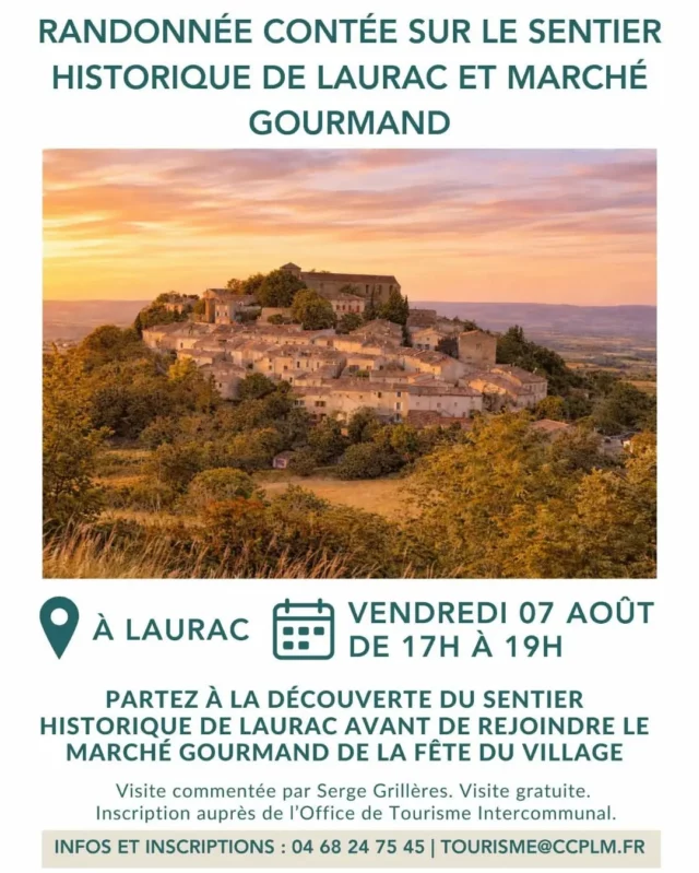 🥾⛪ 𝗥𝗮𝗻𝗱𝗼𝗻𝗻𝗲́𝗲 𝗰𝗼𝗻𝘁𝗲́𝗲 𝘀𝘂𝗿 𝗹𝗲 𝘀𝗲𝗻𝘁𝗶𝗲𝗿 𝗵𝗶𝘀𝘁𝗼𝗿𝗶𝗾𝘂𝗲 𝗱𝗲 𝗟𝗮𝘂𝗿𝗮𝗰 𝘀𝘂𝗶𝘃𝗶𝗲 𝗱'𝘂𝗻 𝗺𝗮𝗿𝗰𝗵𝗲́ 𝗴𝗼𝘂𝗿𝗺𝗮𝗻𝗱 𝗲𝘁 𝗮𝗿𝘁𝗶𝘀𝗮𝗻𝗮𝗹 !

En fin d’après-midi, partez à la découverte de Laurac-le-Grand et laissez-vous séduire par son histoire et ses paysages d’exception. Serge Grillères, habitant du village et ancien maire, fera revivre le passé médiéval de ce joli bourg, ancien siège de la principale seigneurie des alentours.

Au programme :
🔸 Randonnée contée sur le sentier historique entourant le village (prévoir chaussures de randonnée, eau, casquette) ;

Animation sur réservation auprès de l'Office de Tourisme Intercommunal des Collines Cathares : 04 68 24 75 45 / tourisme@ccplm.fr

S'en suivra un marché gourmand et artisanal, organisé par Slc Laurac pour le lancement de la fête du village ! L'occasion de déguster des mets régionaux, de repartir avec des produits uniques pour compléter vos souvenirs de vacances et de profiter de l’ambiance locale grâce à une animation assurée par Dona ana samba. 🎉💃

#animation #Laurac #randonnée #marchégourmand #marchénocturne @audetourisme @voyageoccitanie