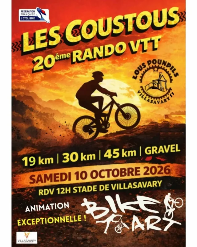 🚵‍♀️ Les Coustous fêtent leur 20ᵉ édition 🎉

Le samedi 10 octobre 2026, le club "Lous Pounpils" vous donne rendez-vous à Villasavary pour une belle journée de vélo !

Au programme :
🚵 3 parcours VTT : 19, 30 ou 45 km
🚴 1 parcours Gravel : 65 km
🏔️ De beaux sentiers, des paysages magnifiques et de superbes panoramas sur les Pyrénées et la Montagne Noire.

Et pour profiter pleinement de la journée : snack, buvette et démonstrations de Bike Art l’après-midi !

S'inscrire : 11 € en ligne (HelloAsso) / 14 € sur place

On vous attend nombreux 🚵‍♂️😊

#LesCoustous #VTT #Gravel #collinescathares #occitanie @audetourisme @voyageoccitanie