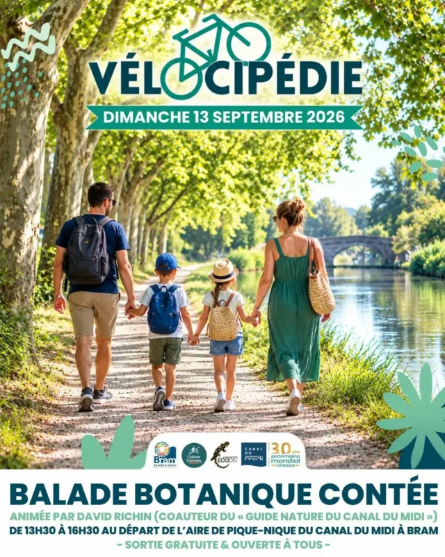 🥾🌿 Ce dimanche 13 septembre 2026, en attendant l'arrivée à Bram de la 2ème édition de la @velocipedieoccitane , participez à une "balade botanique" le long du Canal du Midi, contée par David Richin (de l'association Ecodiv).

Une sortie nature gratuite et ouverte à tous, qui s'élancera dès 13h30 depuis l'Aire de Pique-Nique du Canal du Midi, à deux pas du Port de Bram.

#baladenature #canaldumidi #collinescathares #audetourisme #Bram @audetourisme @villedebram @voyageoccitanie