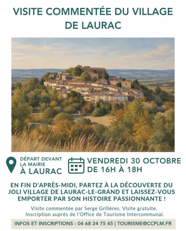 ⛪️🍂 𝗟𝗲𝘀 𝗮𝗻𝗶𝗺𝗮𝘁𝗶𝗼𝗻𝘀 𝗱𝗲 𝗹'𝗢𝗳𝗳𝗶𝗰𝗲 : 𝗩𝗶𝘀𝗶𝘁𝗲 𝗰𝗼𝗺𝗺𝗲𝗻𝘁𝗲́𝗲 𝗱𝘂 𝘃𝗶𝗹𝗹𝗮𝗴𝗲 𝗱𝗲 𝗟𝗮𝘂𝗿𝗮𝗰

Suivez Serge Grillères à la découverte de Laurac-le-Grand, un village au caractère fort, perché sur l’un des points les plus élevés de la Piège. Ancien maire et passionné par l’histoire de son village, Serge connaît chaque pierre, chaque ruelle, chaque secret de ce lieu qui fut, au Moyen Âge, le siège de la principale seigneurie des alentours.

Au fil de la visite, le village se dévoile dans sa structure d’ancien castrum, remarquablement conservée. De la Porte Saliège jusqu’au Mur de Blanche, en passant par l’église Saint-Laurent, on imagine sans peine l’organisation de la vie médiévale, tandis que le regard s’échappe vers de splendides panoramas sur la plaine lauragaise.

➡️ Visite gratuite, sur réservation auprès de l'Office de Tourisme Intercommunal : 📱 04 68 24 75 45 / 📧 tourisme@ccplm.fr
Places limitées.

#visitecommentée #visiteguidée #Histoire #Patrimoine #Laurac @audetourisme @voyageoccitanie